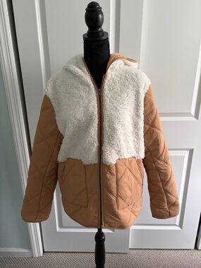 Style & Co. Tan Quilted Puffer with White Sherpa Hooded Front